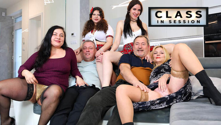 Young Cock for Old Teachers - Orgy with Creampie Finish