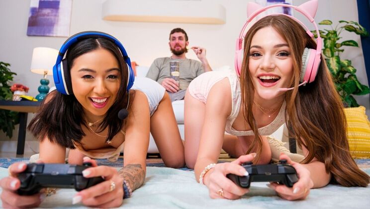 Two Slutty Brunettes Take a Thick Cock Together